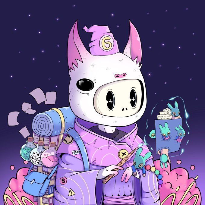 A digital illustration of a skeleton character wearing a pink wizard hat with the number '6', a pink robe, and carrying a backpack full of potions and scrolls, with a small blue bunny companion.