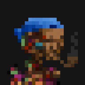A pixel art character wearing a blue bandana and colorful clothing stands against a dark background, holding what appears to be a smoking object.