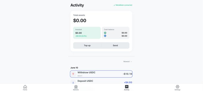 The image shows an Activity page on what appears to be the DollarParking app with MetaMask connected, displaying $0.00 total assets, $0.00 cash balance, and recent transactions including a -$10.16 USDC withdrawal and +$4.93 USDC deposit on June 10. This aligns with the post's mention of connecting MetaMask to DollarParking to explore turning idle USDT into stock exposure, with the empty wallet state suggesting the user is just beginning to explore the platform's markets.