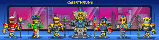 A lineup of seven robot/cyborg characters stands in front of a cyberpunk cityscape under the "CYBERTHRONE" banner, showcasing the variety of NFT avatars in the collection. The post indicates the final launch configuration has been set, with supply reduced from 10,000 to 8,888 and a 10% royalty rate in effect.