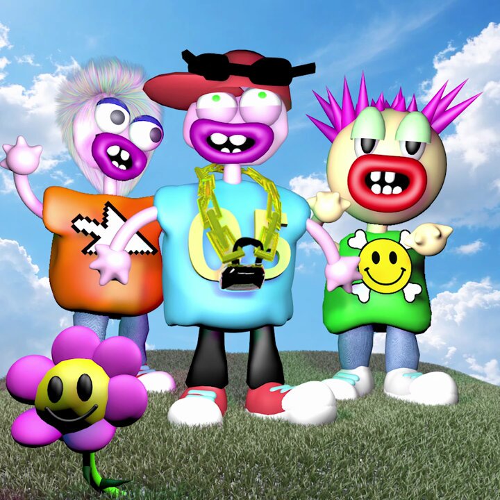 The image features a group of cartoon characters standing together on a grassy field, including a boy wearing sunglasses and a flower. The characters are posed for a photo with smiles on their faces, conveying happiness and joy. The post also includes an image of a flower in the bottom left corner, which adds to the overall cheerful atmosphere of the scene.