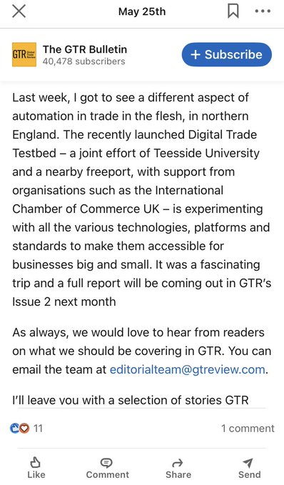A screenshot of a social media page showing a news article that reads "Last week, I got to see a different aspect of automation in the flesh in northern England" with a description about the Teesside Digital Trade Testbed. The post appears to be written by @gtreview and possibly by another person who has left a comment on it or tagged themself.