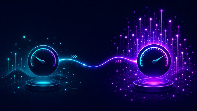 A futuristic digital illustration of two glowing speedometer gauges connected by a neon blue light trail, with the left gauge in cyan and the right in magenta/pink against a dark background.