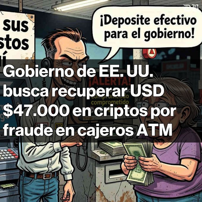 A cartoon-style image shows a sinister clerk at a kiosk telling a customer "¡Deposite efectivo para el gobierno!" while she holds stacks of cash, illustrating the USD $47,000 crypto ATM fraud case where the U.S. government is seeking to recover USDT from five victims targeted by scam calls and proposed under the "Stop Crypto ATM Scams Act."
