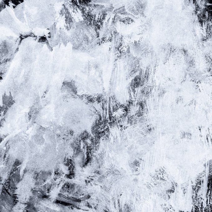 Abstract textured painting in black and white with rough, impasto brushstrokes creating a chaotic, layered composition.
