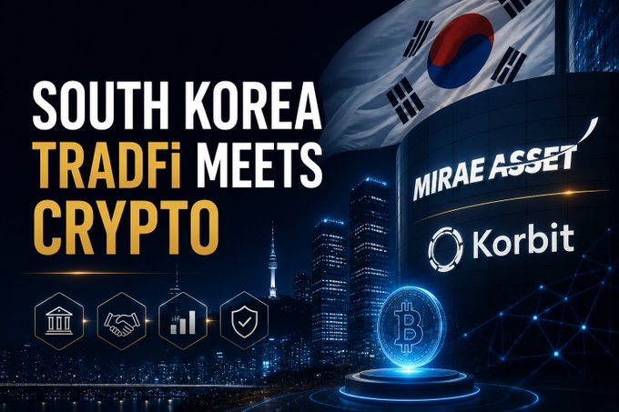 A promotional graphic reading 'SOUTH KOREA TRADFI MEETS CRYPTO' with logos for Mirae Asset and Korbit, set against a nighttime Seoul skyline featuring the Namsan Tower and South Korean flag.