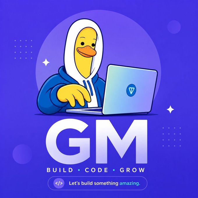 A cartoon duck wearing a blue hoodie works on a laptop above bold "GM" lettering with the tagline "BUILD · CODE · GROW" and a button reading "Let's build something amazing." The design captures the casual "Gm fam" greeting popular in crypto and developer communities, pairing it with a web3/coding aesthetic.