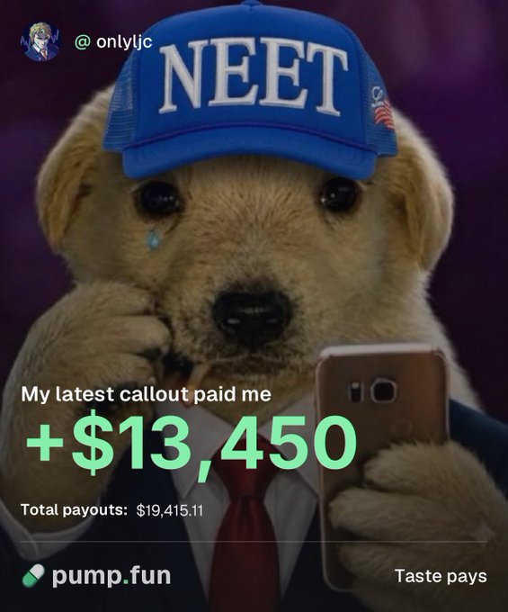 A tearful puppy in a blue "NEET" cap holds a phone, with text claiming "+$13,450" from a "pump.fun" callout alongside $19,415.11 in total payouts, illustrating the post's claim of profiting $13,000 from promoting meme coins like Sue, Frug, Drillpig, and Earl.
