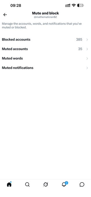 A mobile screenshot of a 'Mute and block' settings page for user @mathematicianB2, showing 385 blocked accounts and 35 muted accounts.