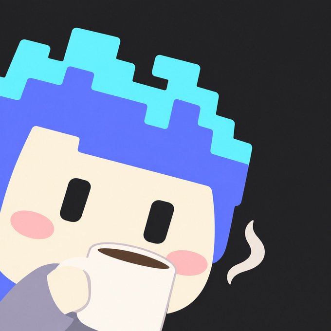 A cartoon character with blue and cyan hair drinks from a steaming white mug.