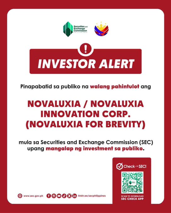 A red and white Securities and Exchange Commission (SEC Philippines) Investor Alert warning the public in Tagalog/Filipino about 'NOVALUXIA / NOVALUXIA INNOVATION CORP.' having no authority to solicit investments, with a QR code for the SEC CHECK App.