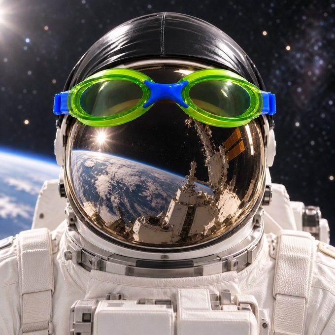An astronaut in a white spacesuit wears bright green and blue swimming goggles over their helmet while floating in space, their visor reflecting Earth and a space station.