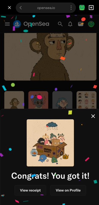A mobile screenshot from opensea.io showing a NFT minting success message 'Congrats! You got it!' for a 'UNUSUAL SUSPECT' collection piece, with confetti falling across the screen.