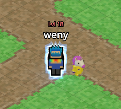 A Level 18 character named "weny" stands next to a small, pixelated unicorn pet on a grassy and dirt tiled map.