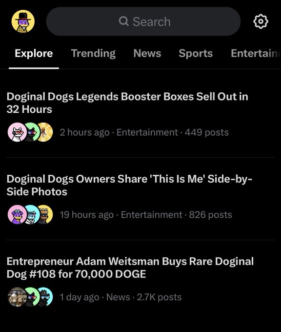 Screenshot of the Truth Social Explore feed showing headlines including 'Doginal Dogs Legends Booster Boxes Sell Out in 32 Hours', 'Doginal Dogs Owners Share "This Is Me" Side-by-Side Photos', and 'Entrepreneur Adam Weitsman Buys Rare Doginal Dog #108 for 70,000 DOGE'.
