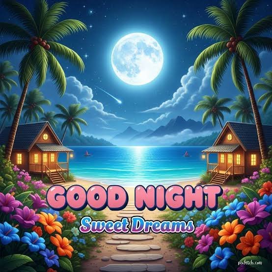 A digital illustration of a tropical nighttime beach scene featuring a full moon, two beach huts, palm trees, vibrant flowers, and the text "GOOD NIGHT Sweet Dreams".