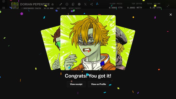 A celebratory NFT purchase screen shows "Congrats! You got it!" after acquiring the "DORIAN PEPENICE" NFT for 0.25 ETH, with confetti graphics surrounding the artwork of a green-skinned character with orange hair and sunglasses—visually confirming the successful floor sweep of Dorian Pepenice NFTs mentioned in the Phase 1 buyback announcement.