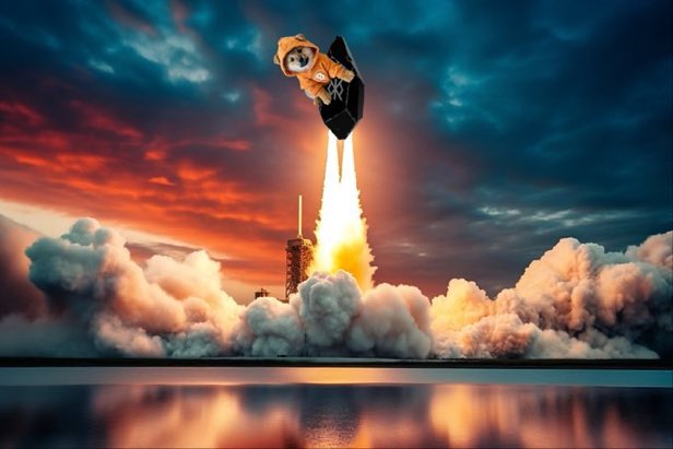 An AI-generated image of a small character in a hooded outfit riding a rocket lifting off over water at sunset, with dramatic clouds and orange flames.
