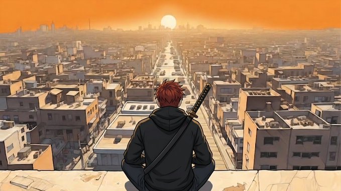 An anime-style illustration shows a young man with red hair and a sword strapped to his back, viewed from behind as he sits on a rooftop overlooking a sunlit cityscape at sunset.