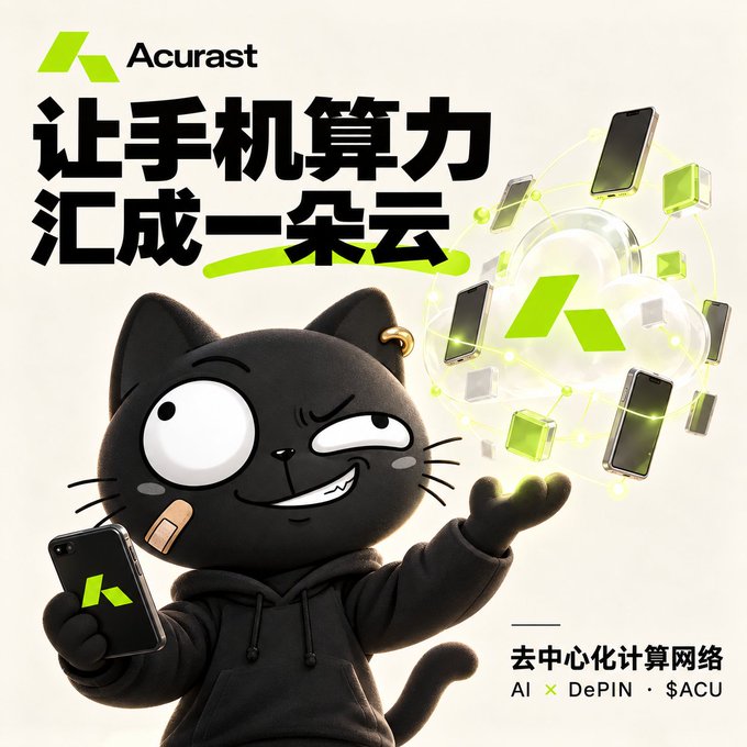 An advertisement for 'Acurast' featuring a cartoon black cat character holding a smartphone, with large Chinese text '让手机算力汇成一朵云' (Let phone computing power gather into a cloud) and smaller text '去中心化计算网络 AI × DePIN · $ACU'.