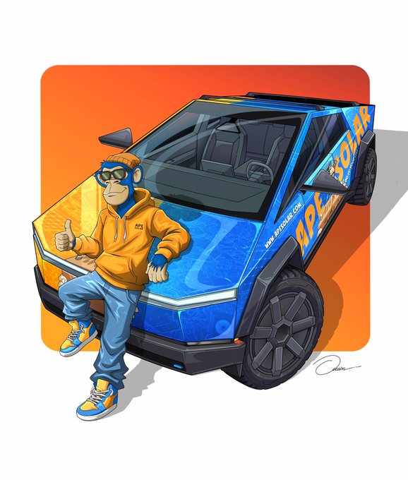 The image features a cartoon drawing of a person wearing an orange hoodie, standing next to a blue car that has "@ape_solar" written on its side. The person appears to be posing for the picture with their arms crossed and giving a thumbs up gesture. The background is orange, which complements the blue car and adds visual interest to the scene.