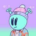 A cartoon illustration of a teal alien-like character wearing a pink pom-pom beanie and a red Hawaiian shirt against a purple gradient background.