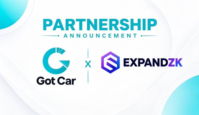 A partnership announcement graphic featuring the Got Car and ExpandZK logos side-by-side under the headline "PARTNERSHIP ANNOUNCEMENT," visually representing the collaboration between the two companies highlighted in the accompanying post.