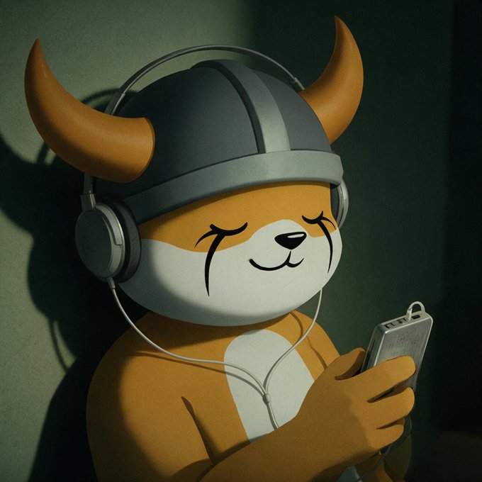 A Shiba Inu character wearing a Viking helmet with horns and headphones smiles contentedly while holding a smartphone, perfectly capturing the relaxed "Weekend mode activated" vibe as it tunes into music. The peaceful expression and chill setup visually embody the leisurely, carefree energy of unwinding on a weekend.