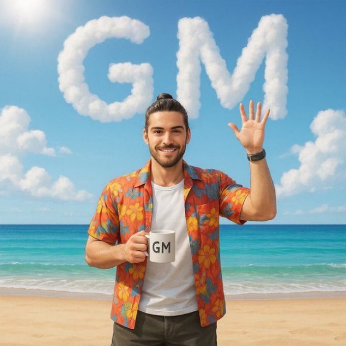 A smiling man in a floral Hawaiian shirt holding a mug labeled 'GM' and waving on a beach, with 'GM' written in clouds in the blue sky behind him.