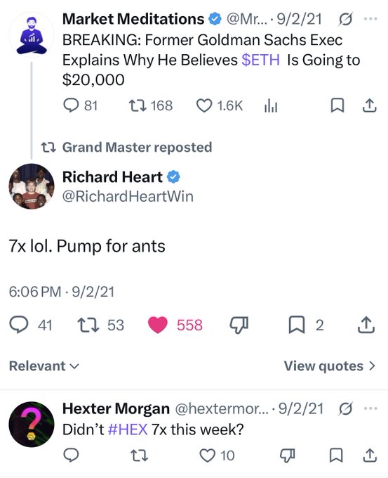 A screenshot of Twitter posts from Market Meditations and Richard Heart (@RichardHeartWin) commenting '7x lol. Pump for ants' regarding an article about $ETH reaching $20,000.