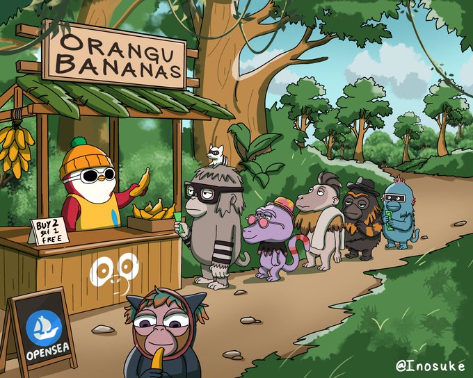 A cartoon illustration of a banana stand labeled 'ORANGU BANANAS' where an anthropomorphic banana character serves a line of dressed-up animal customers in a forest setting, with an 'OPENSEA' sign.