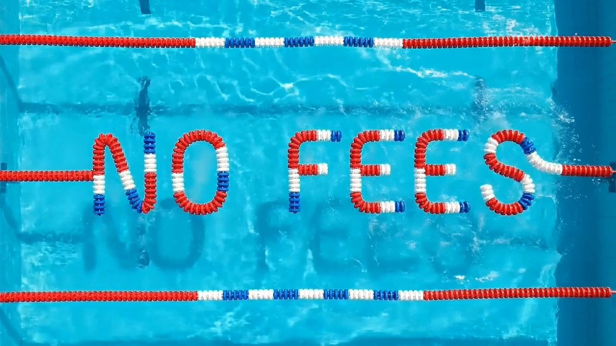 The image features a swimming pool filled with blue water, where several people are swimming. The word "NO FEE" is written in red, white, and blue letters above the swimmers. The text also mentions that privacy pools can't scale well with high fees, which implies that the pool offers an alternative to traditional swimming pools for those seeking privacy without the cost of a private pool or resort.