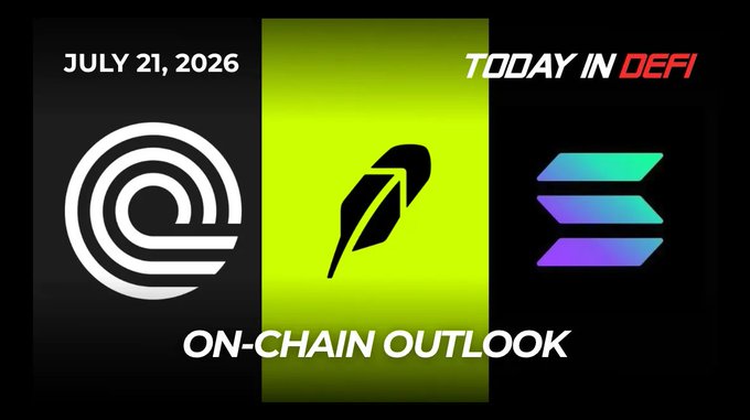 A promotional graphic for "Today in DeFi" dated July 21, 2026, featuring logos for Ondo, a feather quill icon in a yellow-green box, and the Solana logo, with the text "ON-CHAIN OUTLOOK" displayed at the bottom.