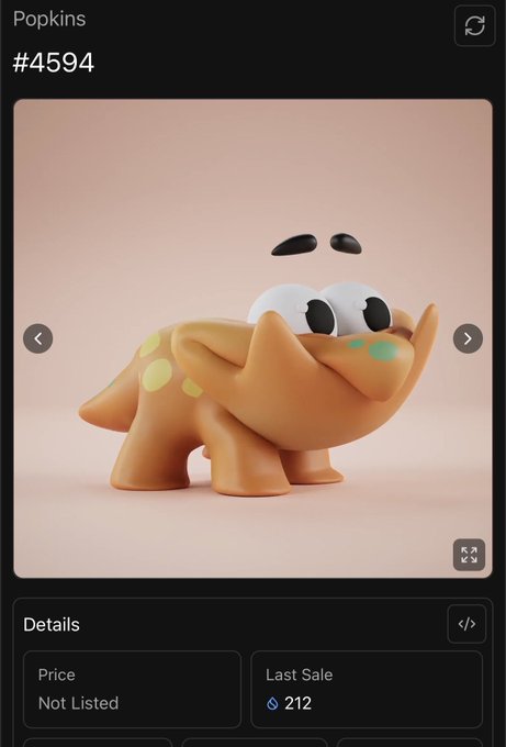 A screenshot from the Popkins app showing a listing for item #4594, a tan cartoonish creature figure with large white eyes and yellow spots, with a last sale price of 212 ETH.