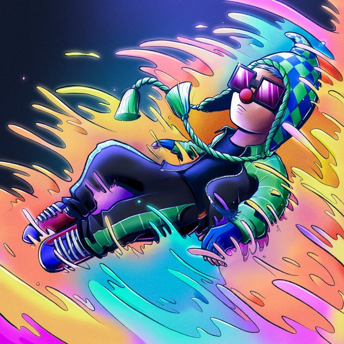 A vibrant, stylized illustration depicts a character with long teal braided pigtails, oversized pink-tinted sunglasses, and a green-and-blue checkered hood, floating lazily on a green inner tube amid a swirling sea of neon rainbow colors and splashing liquid—capturing the carefree, high-energy "Weekend vibes locked in!" spirit.