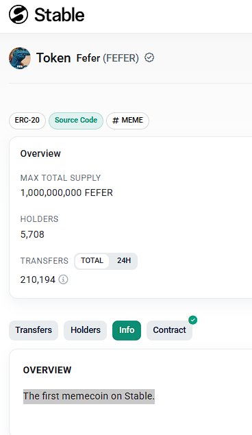 Mobile screenshot from Stable showing token 'Fefer (FEFER)' with tags ERC-20, Source Code, and MEME, listing max supply of 1,000,000,000 FEFER, 5,708 holders, and 210,194 total transfers.