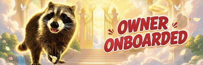 The image features a happy raccoon running through the clouds toward the pearly gates of heaven, with a golden halo floating nearby and bold text reading "OWNER ONBOARDED." It visually reinforces the post's message that the $FRED token's owner is now actively engaged with the project—portrayed almost as a "blessed" or divinely backed development—contrasting $PNUT's previous success and suggesting this hands-on involvement could drive $FRED's growth from its sub-$500K cap.