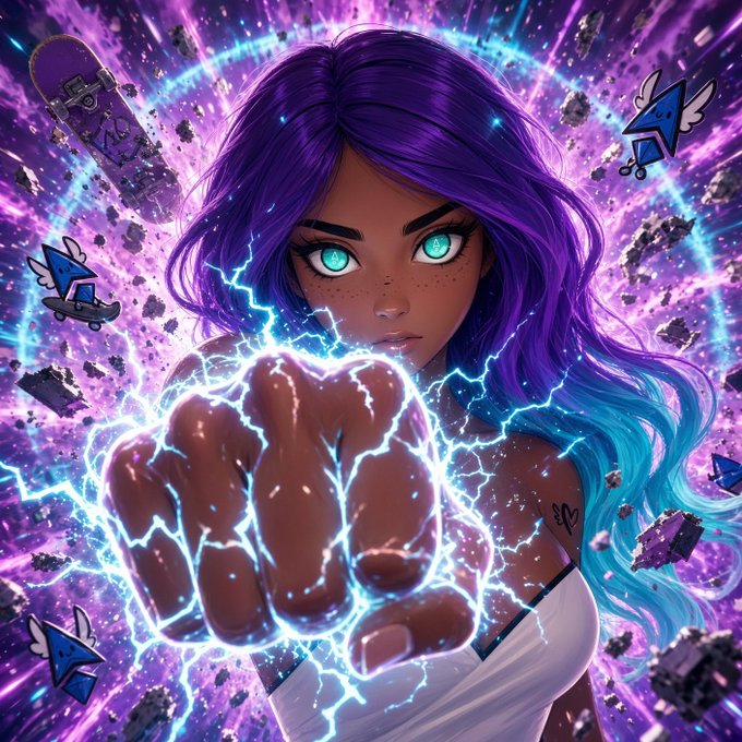 An anime-style digital artwork of a girl with purple and blue hair and glowing cyan eyes, her fist extended with lightning effects, surrounded by floating debris and small winged creatures.