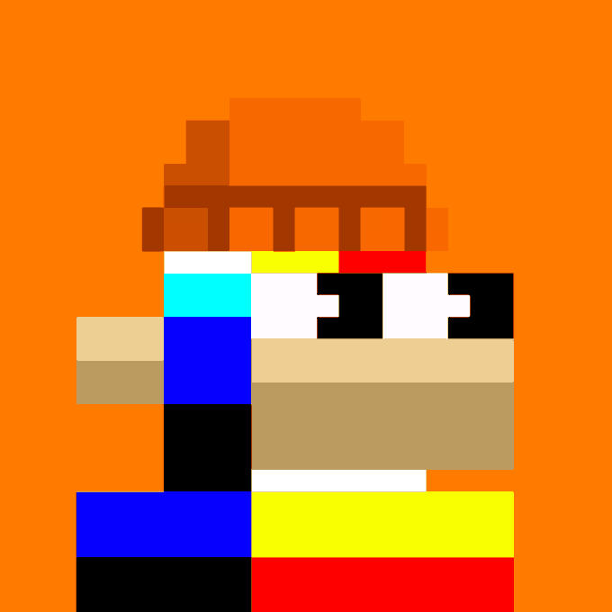 A pixel art image on an orange background depicting a stylized character with brown hair, sunglasses, a blue shirt, and a tan/blue lower body.