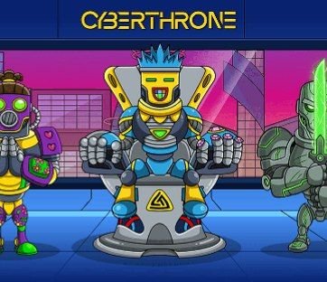A colorful cartoon-style graphic titled 'CYBERTHRONE' featuring a robotic character with blue hair sitting on a futuristic throne, flanked by other robotic figures.