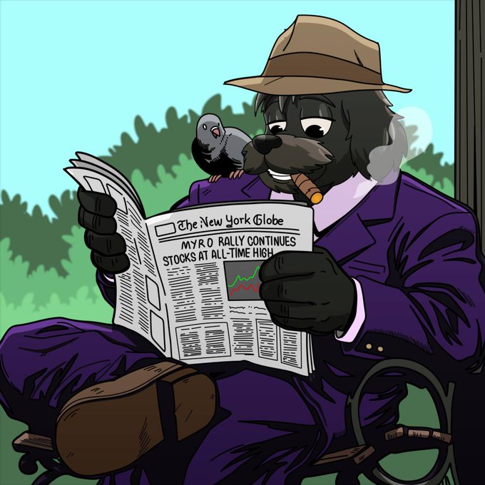 An anthropomorphic black dog in a purple suit and tan fedora reads 'The New York Globe' newspaper with the headline 'MYRO RALLY CONTINUES STOCKS AT ALL-TIME HIGH' while smoking a cigar, with a pigeon perched on his shoulder.