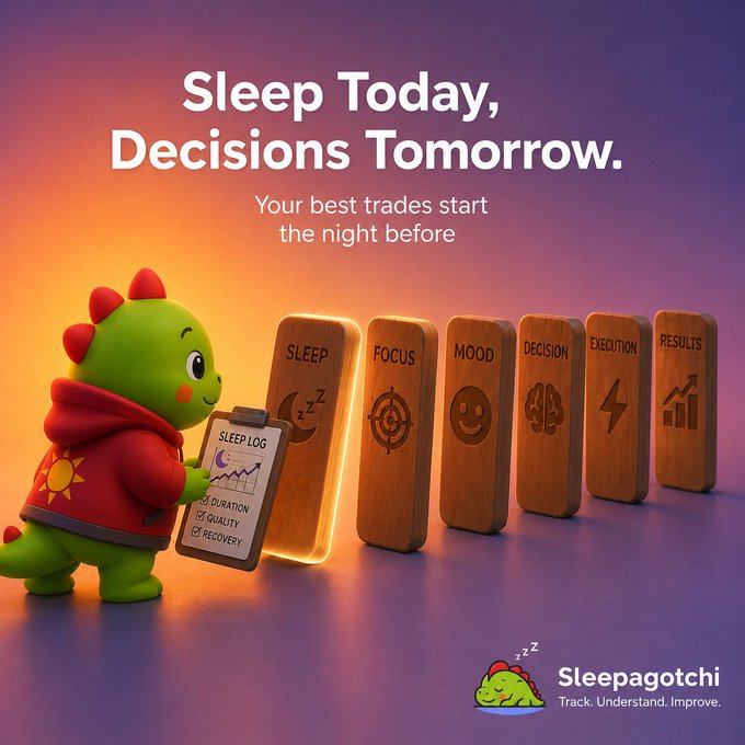 A promotional image for Sleepagotchi with the text 'Sleep Today, Decisions Tomorrow' featuring a green cartoon dinosaur holding a sleep log next to wooden blocks labeled with sleep-related metrics.
