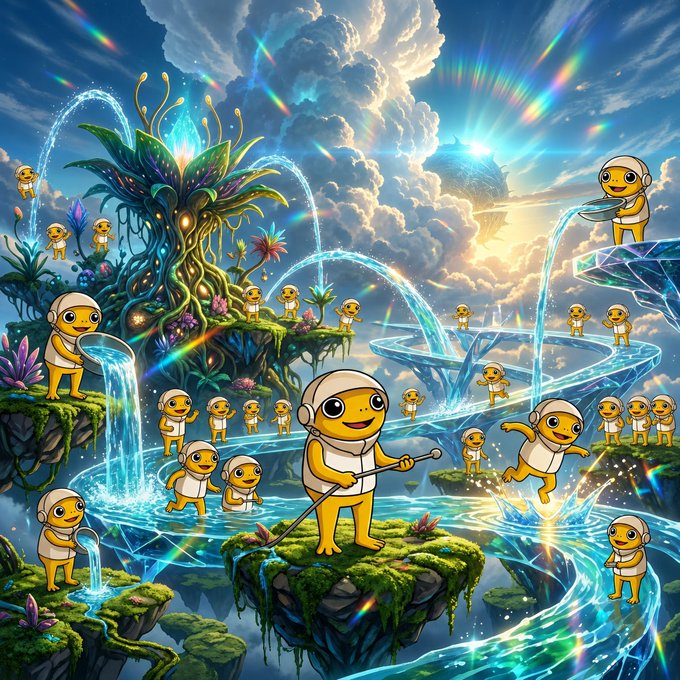 A vibrant fantasy digital artwork depicting numerous small yellow characters with white helmets playing in a magical landscape with waterfalls, floating islands, and a large glowing tree.