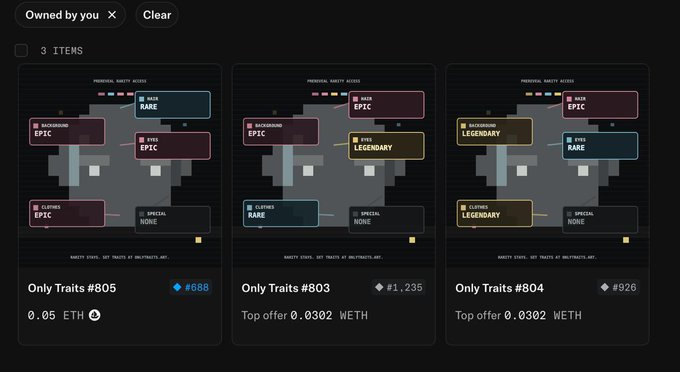 The image shows a marketplace listing three pixel-art NFT traits labeled "Only Traits #805," "Only Traits #803," and "Only Traits #804," each with varying rarity combinations (Epic, Rare, Legendary) and current top offers of 0.0302 WETH—though the poster's note suggests they minted these for approximately 0.05-0.1 ETH at fair prices, likely seeking offers near their initial investment.