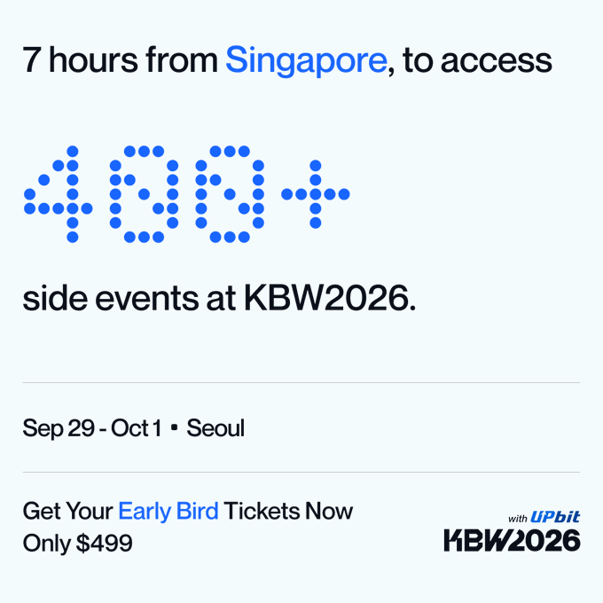 An advertisement for KBW2026 in Seoul (Sep 29 - Oct 1) promotes early bird tickets for $499 to access side events, only 7 hours from Singapore, with UPbit sponsorship.