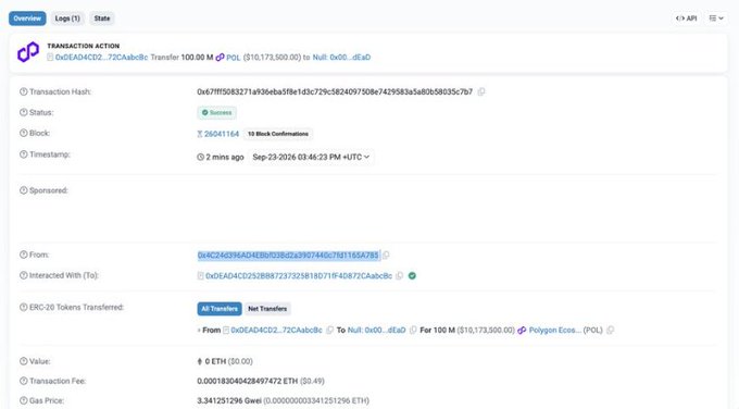 A screenshot of a blockchain transaction on Polygonscan showing the burning of 100 million POL tokens ($10,173,500) from address 0x6EAD4C02...72CaAbBc to a null address, with the tokens permanently removed from circulation. This transaction visually supports the accompanying post about the 1% permanent burn of POL's total supply, demonstrating the on-chain proof of the deflationary mechanism that reduces circulating supply and potentially enhances long-term value for holders.