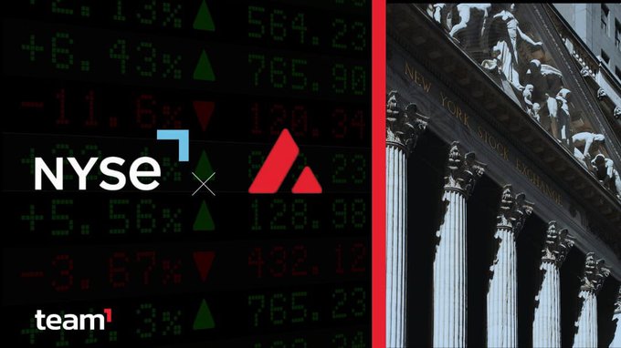 A stock market graphic shows the NYSE and Team1 logos alongside stock figures with green up and red down arrows, next to an image of the New York Stock Exchange building with its iconic columns.