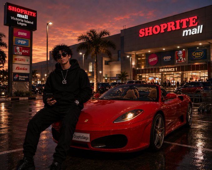 A young man wearing sunglasses and a black hoodie sits on a red Ferrari with a 'CryptoSaga' license plate outside a Shoprite Mall at sunset in Lagos, Victoria Island.