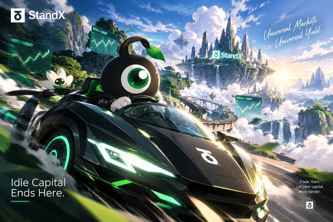 Promotional graphic for 'StandX' featuring a cartoon character with a large eye driving a futuristic sports car, with text reading 'Idle Capital Ends Here.'