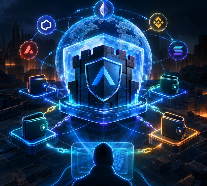 A futuristic digital illustration depicting a central glowing blue fortress/shield icon surrounded by cryptocurrency symbols (ETH, ADA, SOL, etc.) connected by chains to digital wallets, with a hooded figure in silhouette standing before a holographic fingerprint interface.
